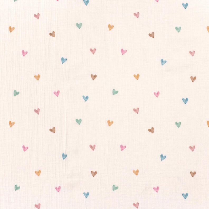 Muślin / Tkanina double crinkle kolorowe serca nadruk cyfrowy – biel,  image number 1