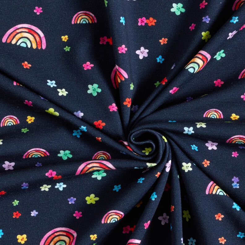 Dżersej bawełniany kolorowe kwiaty i tęcze nadruk cyfrowy – ciemnogranatowy/mix kolorów,  image number 3