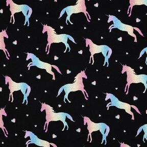 Dżersej bawełniany tęczowe jednorożce nadruk cyfrowy | Poppy Fabrics – czerń, 