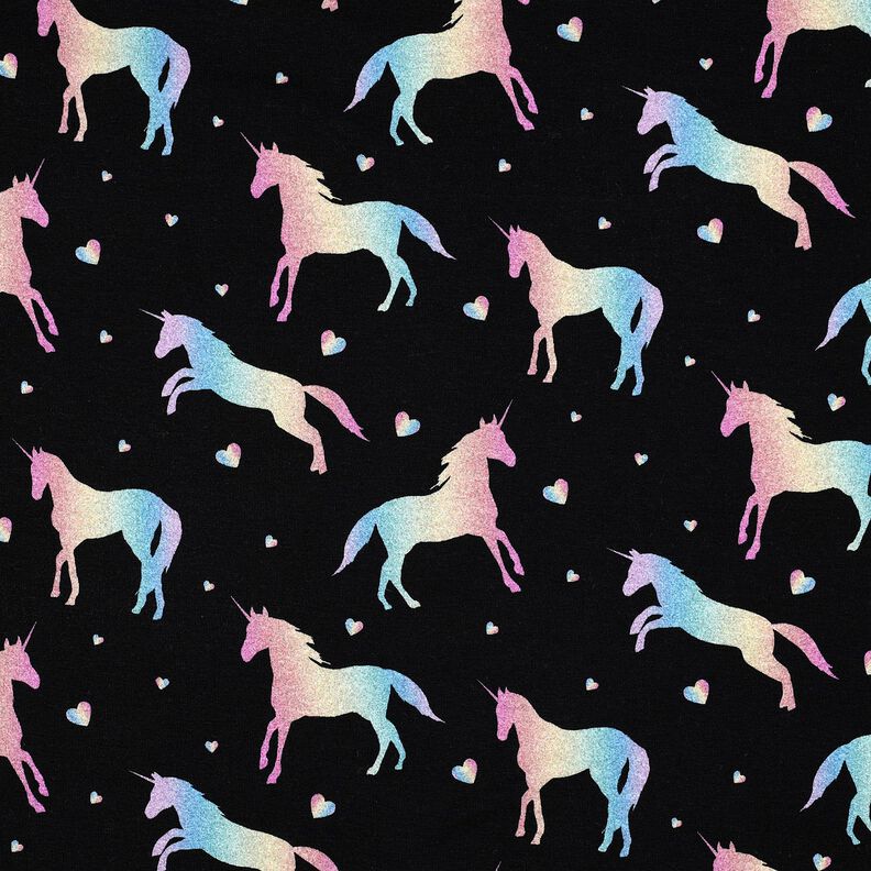 Dżersej bawełniany tęczowe jednorożce nadruk cyfrowy | Poppy Fabrics – czerń,  image number 1