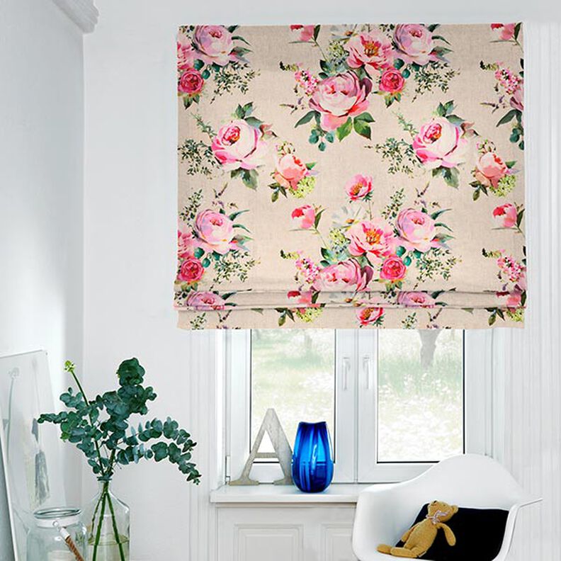 Tkanina dekoracyjna półpanama z nadrukiem cyfrowym Akwarela z różami – naturalny,  image number 4