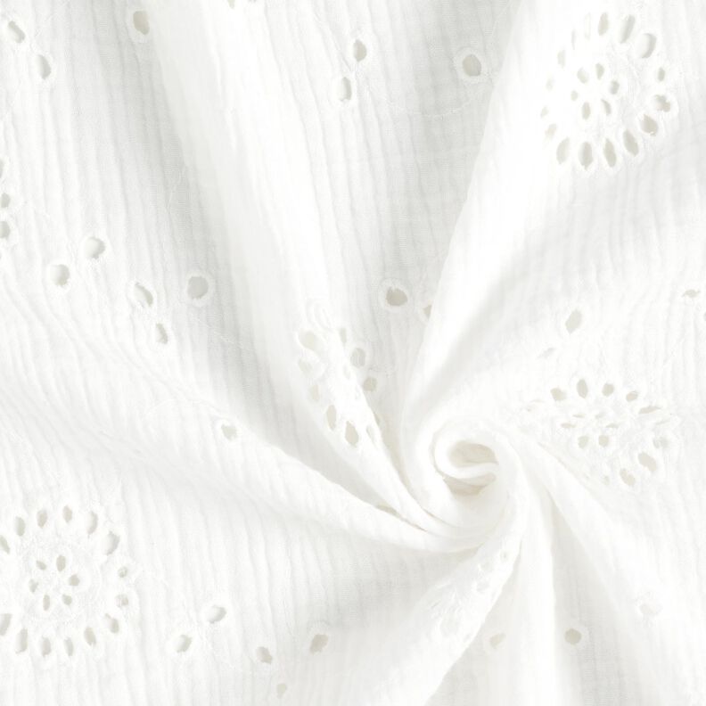 Muślin / Tkanina double crinkle Haft angielski Kwiaty – biel,  image number 3