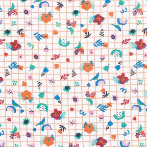 Tkanina bawełniana Kreton kratka z kwiatami – biel/mięta pieprzowa, 