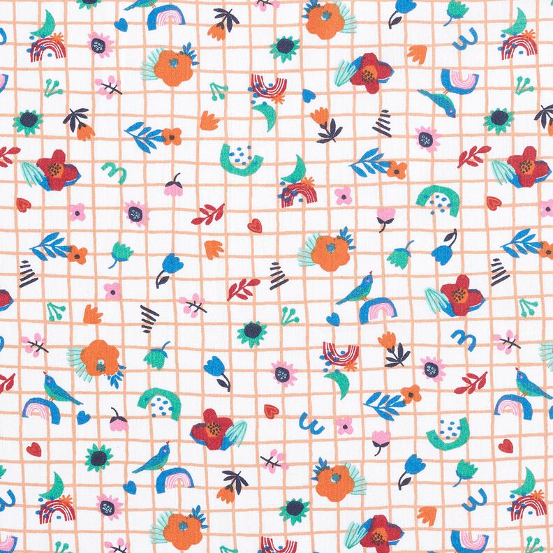 Tkanina bawełniana Kreton kratka z kwiatami – biel/mięta pieprzowa,  image number 1