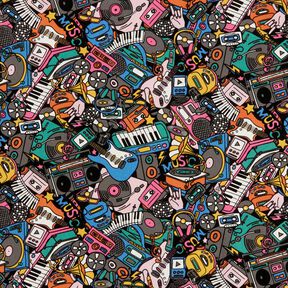Tkanin dekoracyjna Half panama instrumenty muzyczne – czerń/pink, 