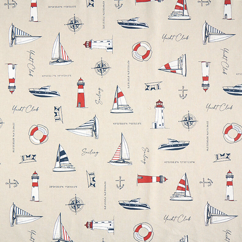 Tkanina dekoracyjna half panama „Yacht Club” – naturalny/czerwień,  image number 1