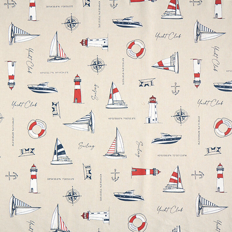 Tkanina dekoracyjna half panama „Yacht Club” – naturalny/czerwień,  image number 1