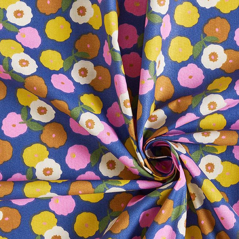 Tkanina bawełniana Kreton okrągłe kwiaty – słoneczna żółć/błękit,  image number 3