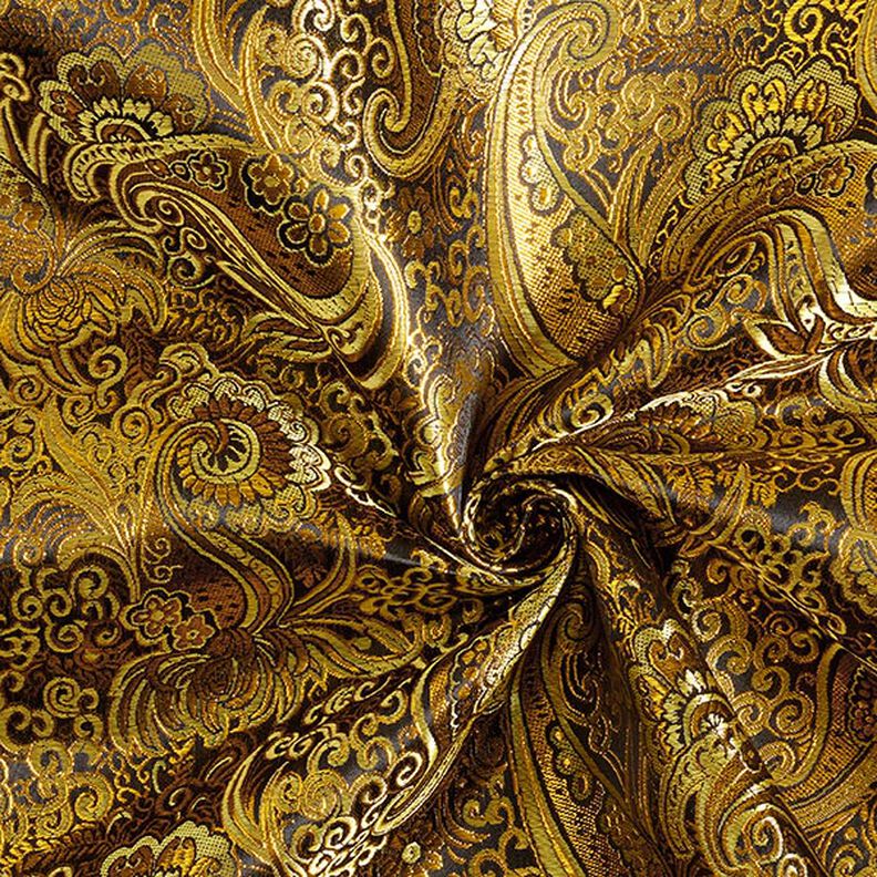 Żakard odzieżowy metaliczny wzór Paisley – złoto/czerń,  image number 3