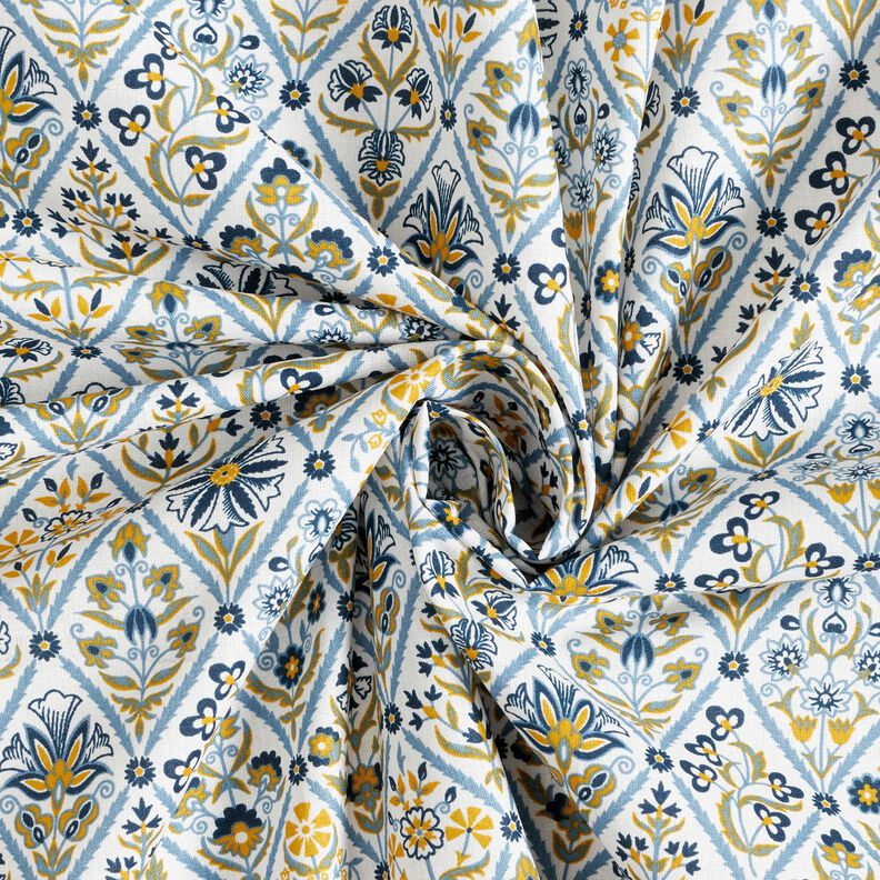 Tkanina bawełniana Kreton kwiatowe kafelki – biel/niebieski brylantowy,  image number 3