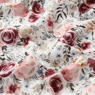 Muślin / Tkanina double crinkle akwarelowe róże nadruk cyfrowy – biel, 