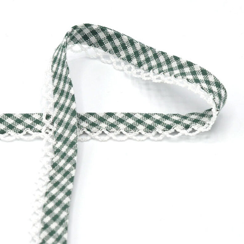 Taśma skośna Kratka Vichy z szydełkową obwódką [20 mm] – ciemna zieleń,  image number 1