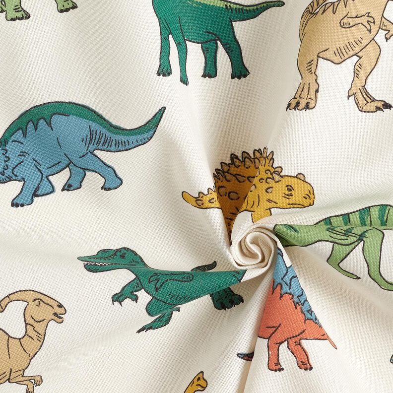 Tkanin dekoracyjna Half panama wyraziste dinozaury – mleczna biel/ciemna zieleń,  image number 3