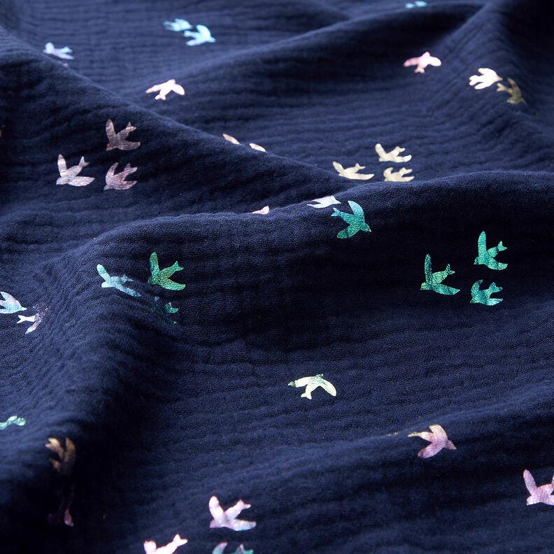 Muślin / Tkanina double crinkle Jaskółki Nadruk foliowy | Poppy Fabrics – ciemnogranatowy/mix,  image number 2