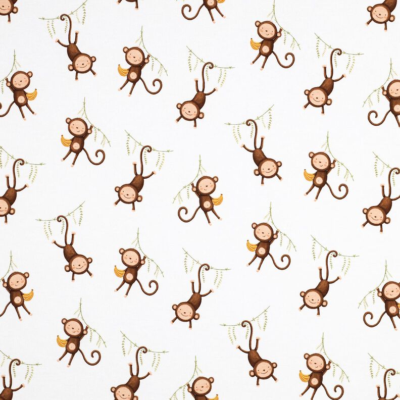 GOTS Dżersej bawełniany Małpki w dżungli nadruk cyfrowy | Poppy Fabrics – biel/ciemny brąz,  image number 1