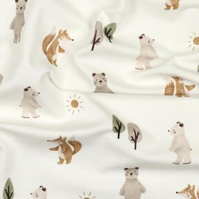 Dżersej bawełniany zwierzęta w lesie nadruk cyfrowy | Poppy Fabrics – kość słoniowa/zawilec, 