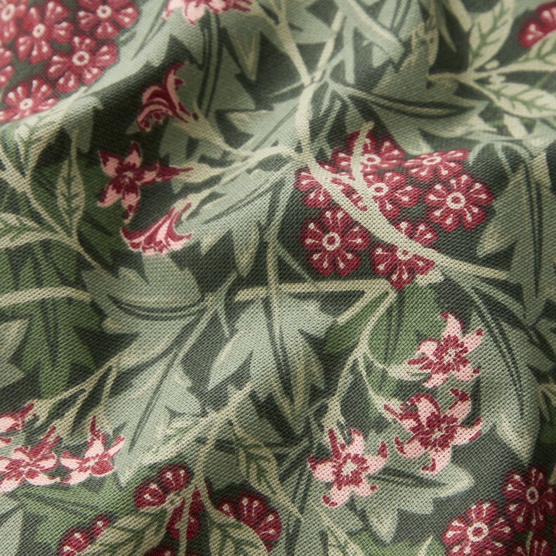 Tkanin dekoracyjna Half panama kwiaty jaśminu – ciemna pinia/bordo | Resztka 90cm,  image number 2