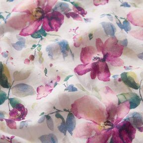 Muślin / Tkanina double crinkle akwarelowe kwiaty nadruk cyfrowy | by Poppy biel/purpura, 