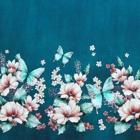 Dżersej bawełniany motyle na łące | Glitzerpüppi  – jasny petrol/różowy,  Dżersej bawełniany motyle na łące | Glitzerpüppi  – jasny petrol/różowy,