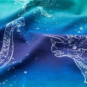 Dżersej bawełniany kontury dinozaurów | Glitzerpüppi – niebieska lilia/mięta pieprzowa, 