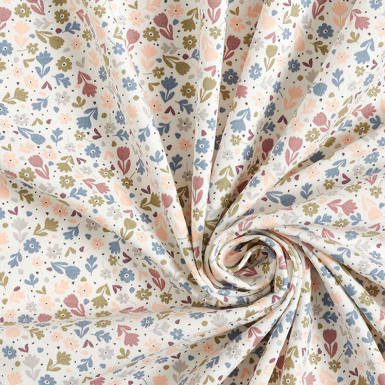 Dżersej bawełniany urocze kwiatuszki  – mleczna biel,  image number 3