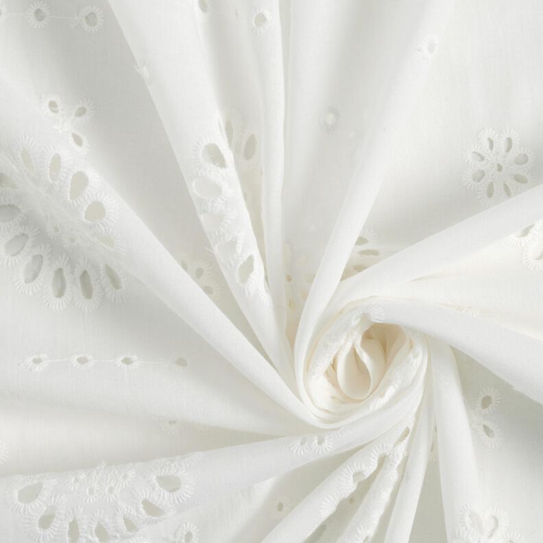 Tkanina bawełniana z haftem angielskim w kwiaty – biel,  image number 3