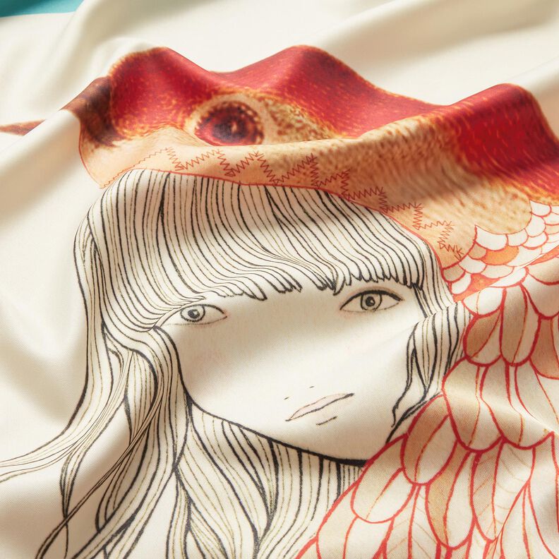 Panel satynowy w ptaki i wróżki | Katia Fabrics – błękit morski/krem, image number 8