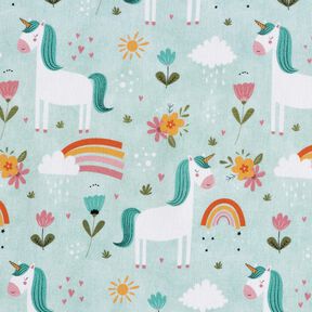 Popelina bawełniana jednorożec w tęczowym świecie nadruk cyfrowy – lodowy niebieski, 