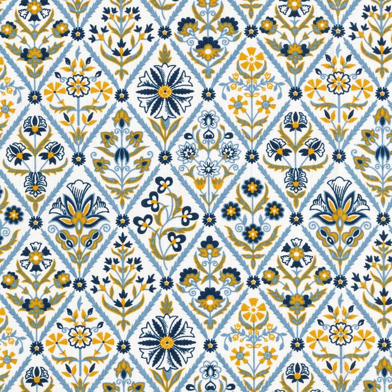 Tkanina bawełniana Kreton kwiatowe kafelki – biel/niebieski brylantowy,  image number 1