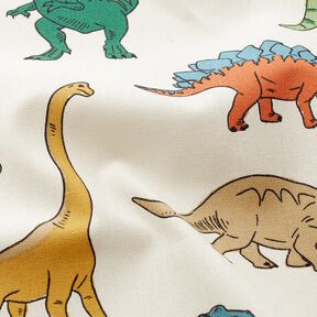 Tkanin dekoracyjna Half panama wyraziste dinozaury – mleczna biel/ciemna zieleń, 