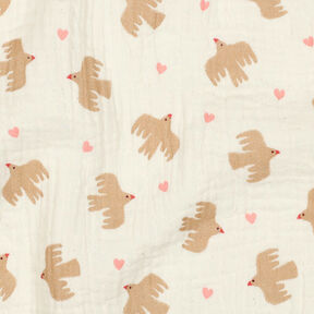 GOTS Muślin / Tkanina double crinkle ptaki i serca | Poppy Fabrics – mleczna biel, 