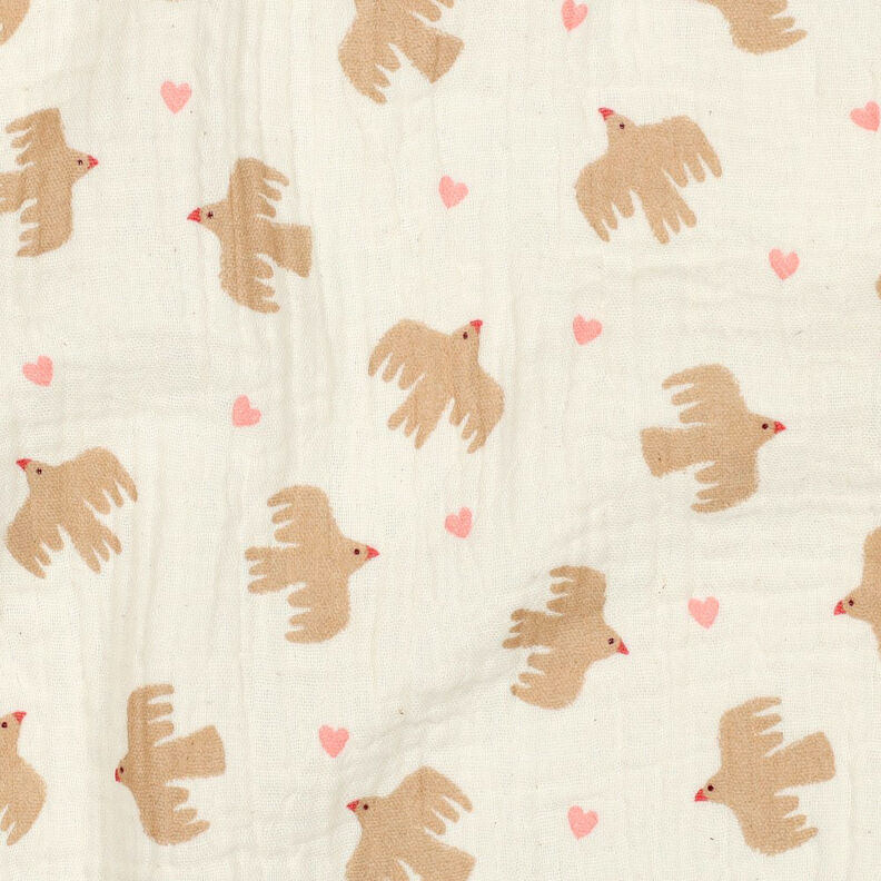 GOTS Muślin / Tkanina double crinkle ptaki i serca | Poppy Fabrics – mleczna biel, image number 3