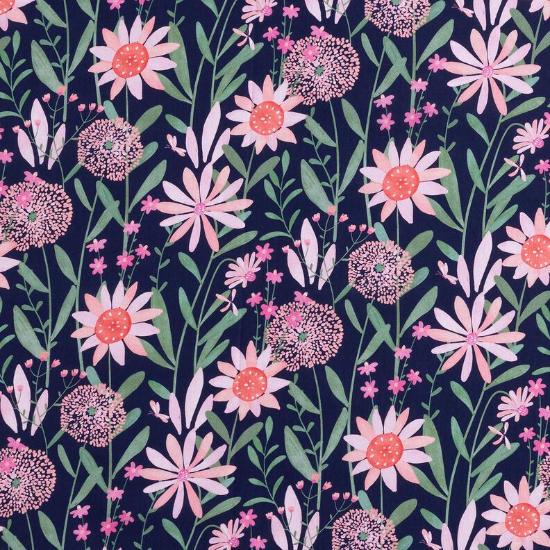 Popelina bawełniana duże kwiaty łąkowe nadruk cyfrowy | Poppy Fabrics – ciemnogranatowy,  image number 1
