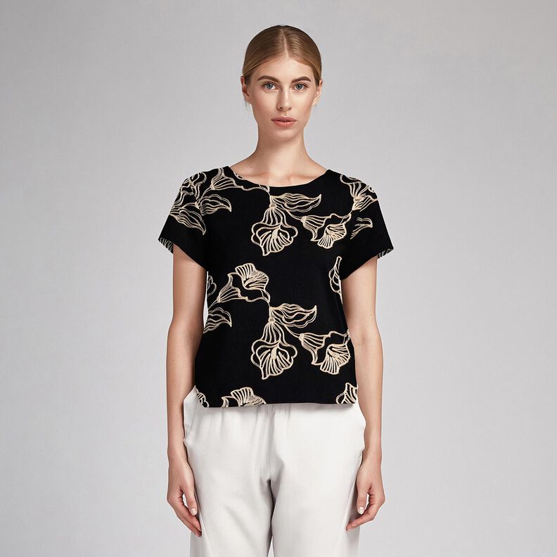 Tkanina wiskozowa z haftem w lilie, czerń &ndash; czerń/krem,  image number 6