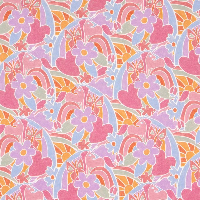 Dzianina dresowa pętelkowa French Terry cyfrowy tęczowy świat jednorożców nadruk cyfrowy | by Poppy,  image number 1