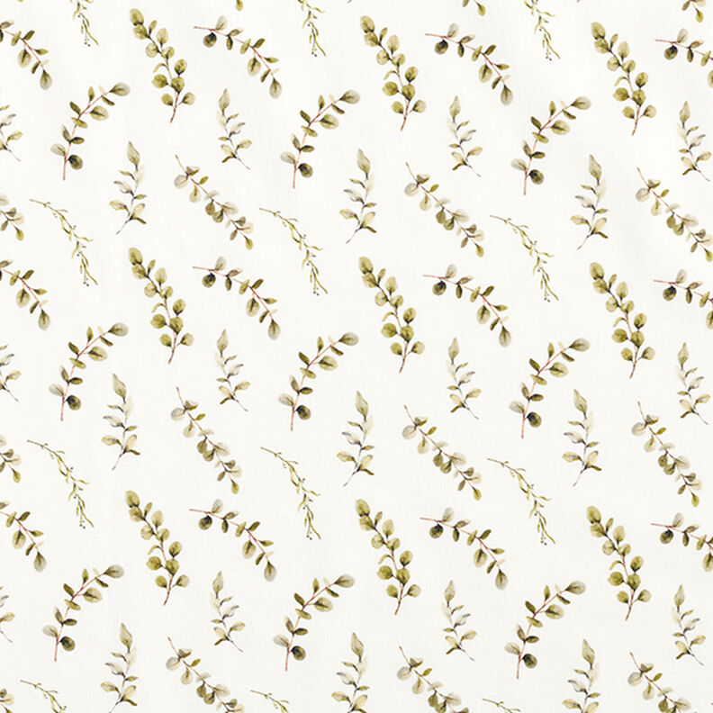 Dżersej bawełniany gałązki eukaliptusa nadruk cyfrowy  – mleczna biel,  image number 1
