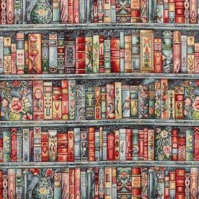 Tkanin dekoracyjna Gobelin kolorowa p&oacute;łka na książki &ndash; świerk srebrny/czerwień karminowa, 