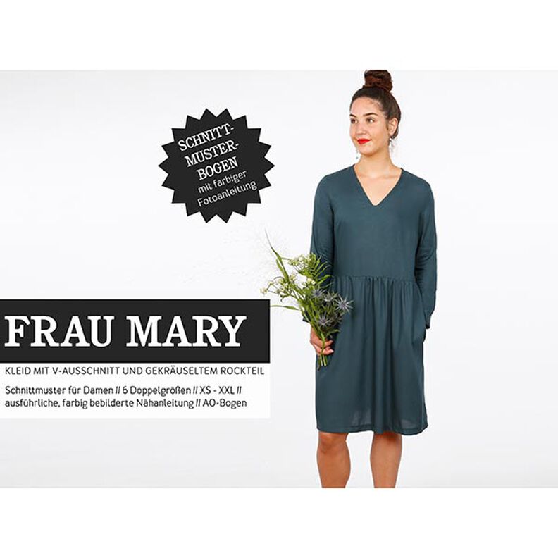 FRAU MARY – sukienka z dekoltem w szpic i marszczeniami w pasie, Studio Schnittreif  | XS -  XXL,  image number 1