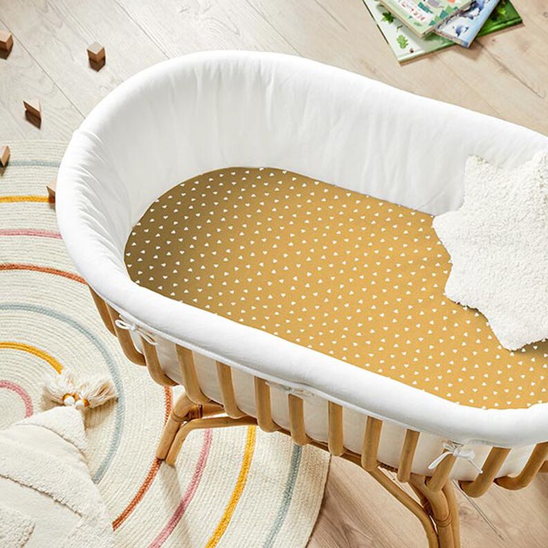 Popelina z bawełny organicznej rozproszone serca – musztarda,  image number 8