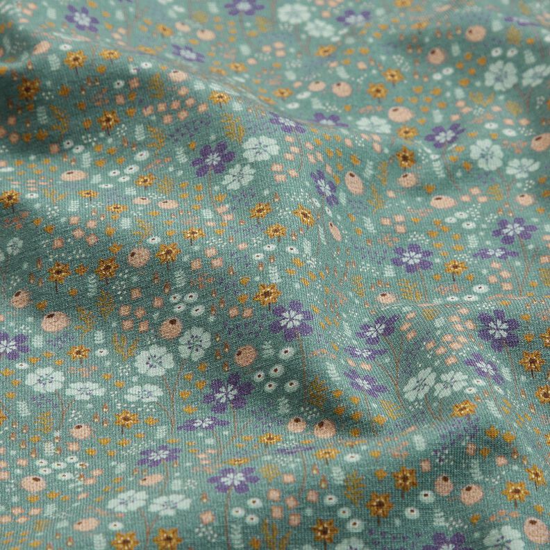 Dżersej bawełniany leśna łąka kwiatowa nadruk cyfrowy – zieleń trzcinowa,  image number 2