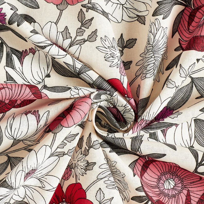 Tkanina bawełniana Kreton kolorowe kwiaty – winogronowy/naturalny,  image number 3