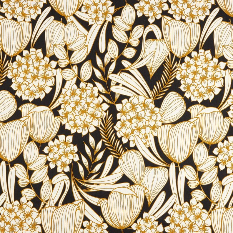 Satyna bawełniana tropikalne kwiaty – czerń,  image number 1