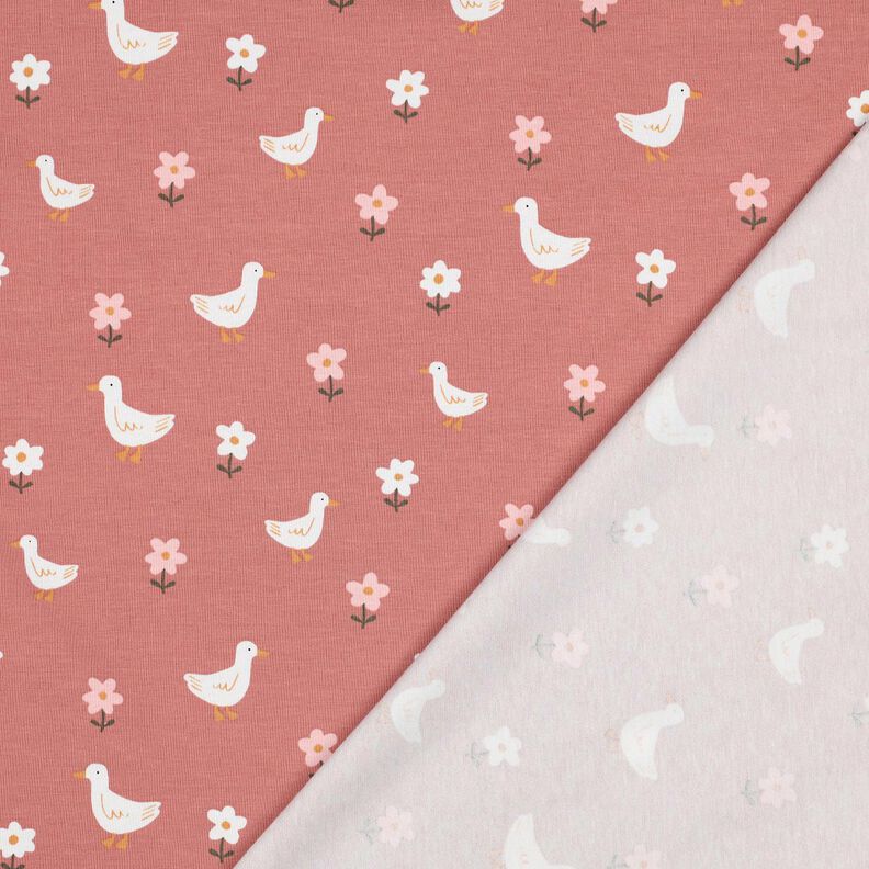 Dżersej bawełniany gęsi na łące kwiatowej | Poppy Fabrics – ciemny brudny róż/biel, image number 4