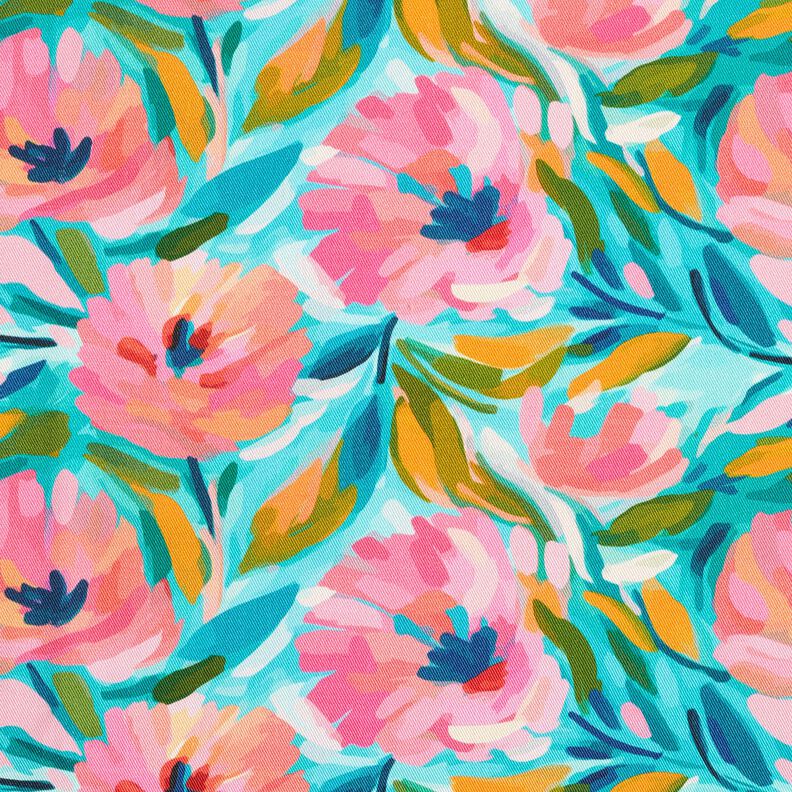 Tkanin dekoracyjna Diagonal bawełniany malowane kwiaty  – róż/turkus,  image number 1