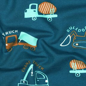 Dzianina dresowa drapana pojazdy budowlane | Poppy Fabrics – niebieski oceaniczny/eukaliptusowy, 