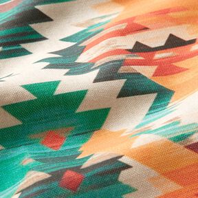 Tkanin dekoracyjna Half panama abstrakcyjny nadruk etno  – jasnobeżowy/szmaragdowy, 