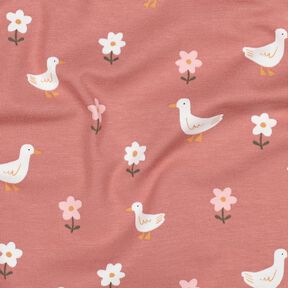Dżersej bawełniany gęsi na łące kwiatowej | Poppy Fabrics – ciemny brudny róż/biel, 