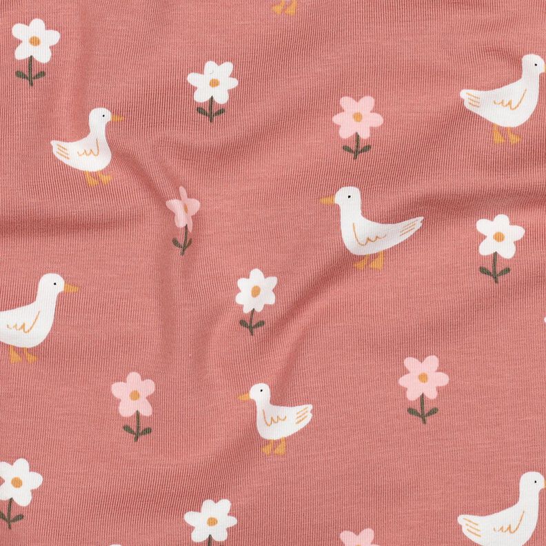 Dżersej bawełniany gęsi na łące kwiatowej | Poppy Fabrics – ciemny brudny róż/biel, image number 2