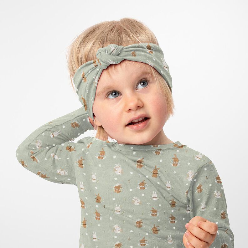 Dżersej bawełniany śliczne zajączki nadruk cyfrowy – zieleń trzcinowa,  image number 5