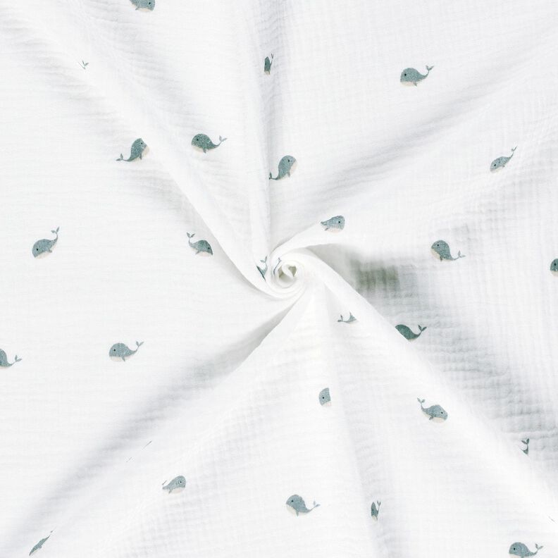 Muślin / Tkanina double crinkle małe wieloryby – kość słoniowa/szary błękit,  image number 3